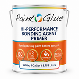 A 1-gallon metal can of PaintGlue Hi-Performance Bonding Agent Primer, white with a prominent orange band and multicolor logo, on a white background.