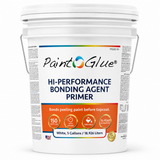 A white plastic bucket of Paint Glue Hi-Performance Bonding Agent Primer, featuring a detailed product label with blue, orange, and white graphics on a clean white background.