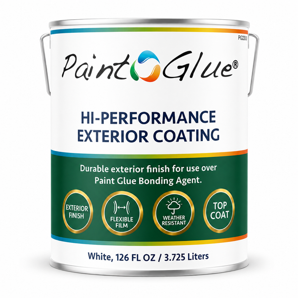 A 126 fl oz metal can of Paint Glue Hi-Performance Exterior Coating, white with a dark green and blue label, on a white background.